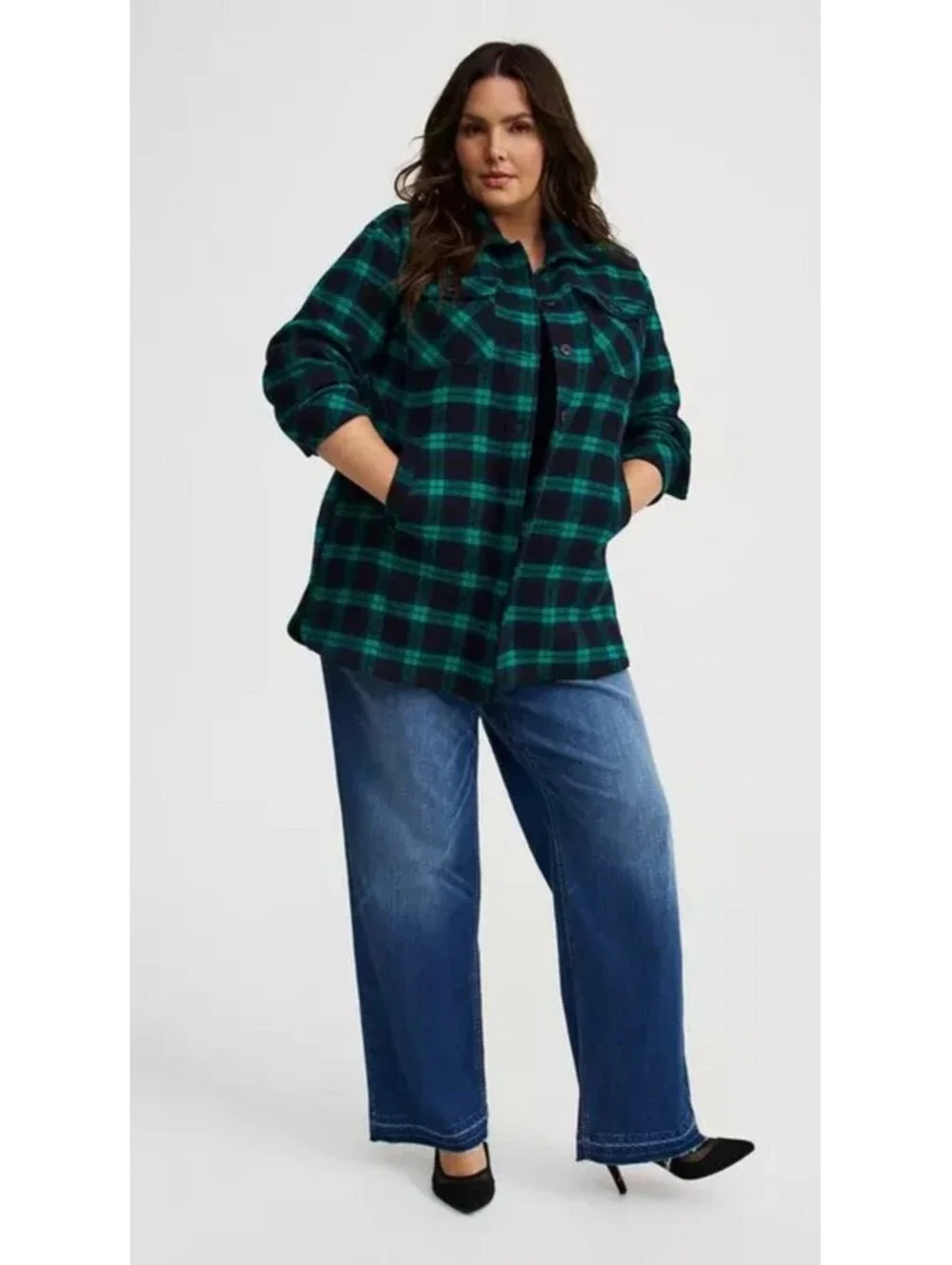 NWT Torrid Brushed Twill Plaid 100% Cotton Shacket Pockets Green Size 3X 22-24
